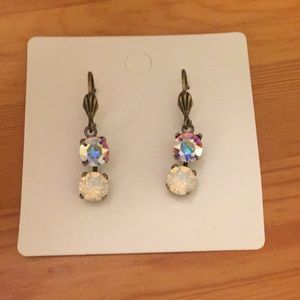 Antique Brass Aurora Borealis + White Opal Crystal Drop Earrings